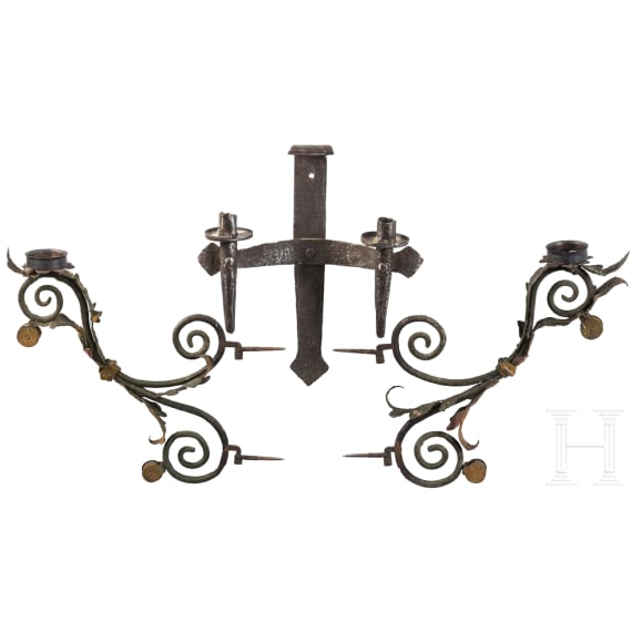 Three wrought iron lamps, probably German, early 20th century