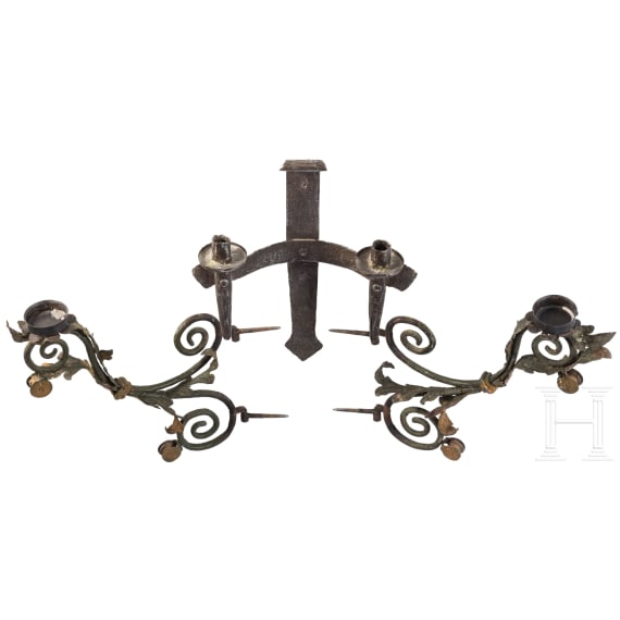 Three wrought iron lamps, probably German, early 20th century