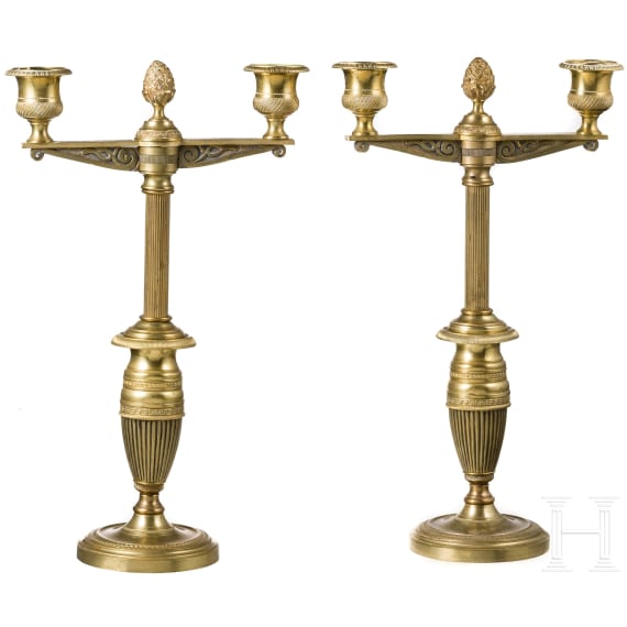 Two French brass candlesticks in Empire style, 2nd half of the 19th century