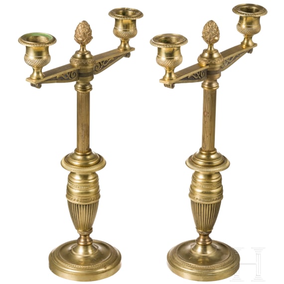 Two French brass candlesticks in Empire style, 2nd half of the 19th century