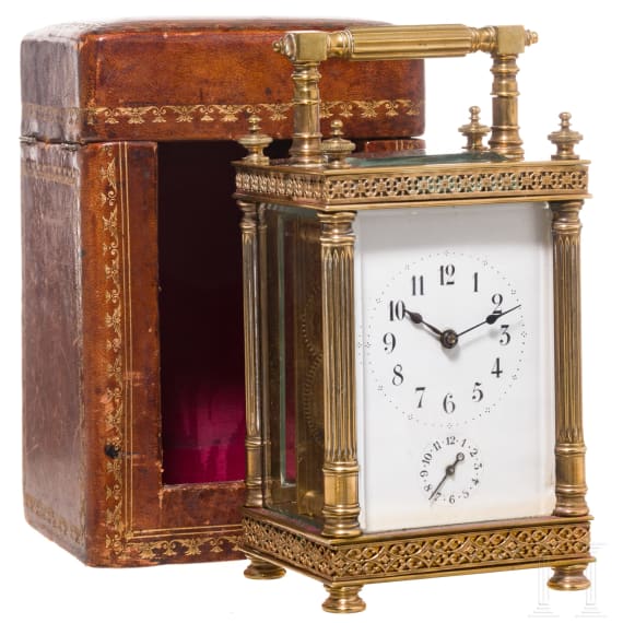 An antique French travelling clock with alarm function, late 19th century