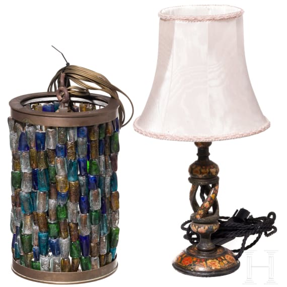 A Venetian hanging lamp with Murano glass lampshade and a desk lamp, 1st half of the 20th century