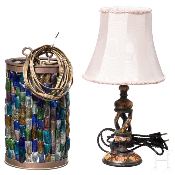 A Venetian hanging lamp with Murano glass lampshade and a desk lamp, 1st half of the 20th century