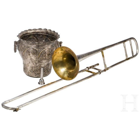 A German trombone and an Art Nouveau cachepot, early 20th century