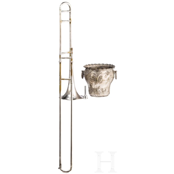 A German trombone and an Art Nouveau cachepot, early 20th century