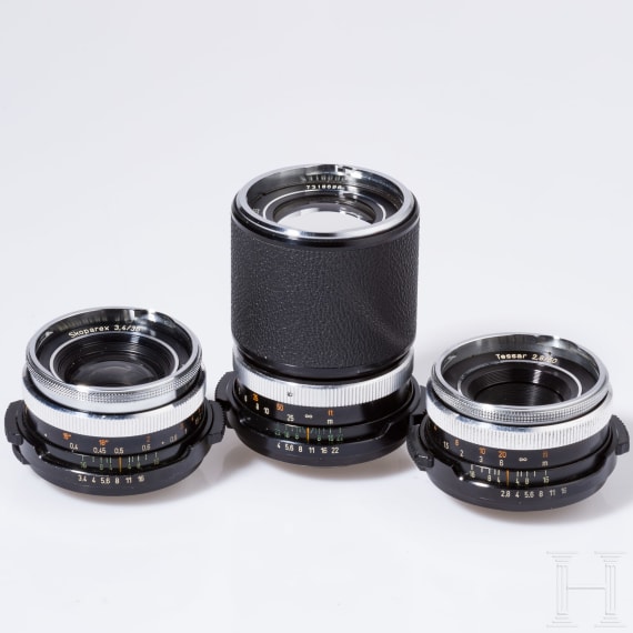 A Zeiss Ikon SL 706 with Carl Zeiss Tessar 50 mm, a Skoparex 35 mm, a Super-Dynarex 135 mm