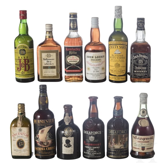 Twelve bottles of whiskey and port from USA/Ireland/Scotland etc., 1960s/70s