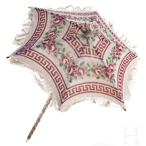 A small German parasol with glass bead embroidery and bone elements, circa 1850