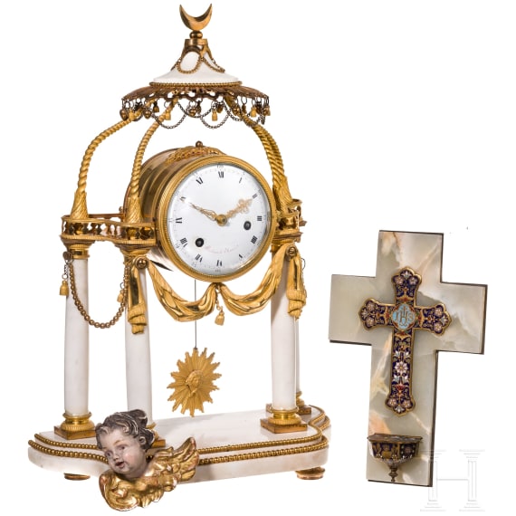 A gilt-bronze and alabaster table clock, an enamel and brass stoup and a putto, French, Paris, circa 1780 (clock)/late 19th century