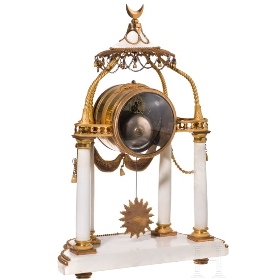 A gilt-bronze and alabaster table clock, an enamel and brass stoup and a putto, French, Paris, circa 1780 (clock)/late 19th century