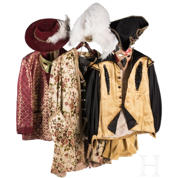 Three Venetian carnival costumes with masks, late 20th century