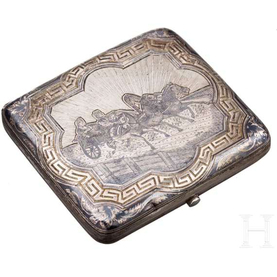 A Russian silver and niello cigarette case with troika, Moscow, Ivan Alekseevitch Svemnikov, 1887