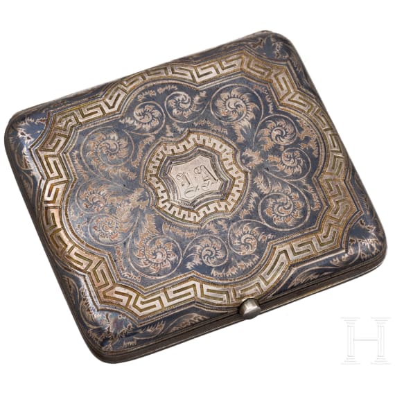A Russian silver and niello cigarette case with troika, Moscow, Ivan Alekseevitch Svemnikov, 1887