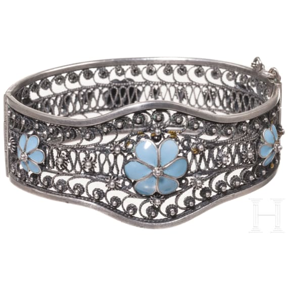 A Soviet silver bracelet set with enamel flowers, after 1958