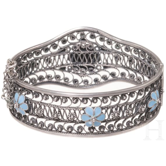 A Soviet silver bracelet set with enamel flowers, after 1958