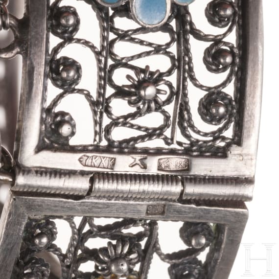 A Soviet silver bracelet set with enamel flowers, after 1958
