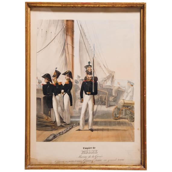 Russian Officers of the Marine de la Garde, a fine hand-colored lithograph, circa 1840