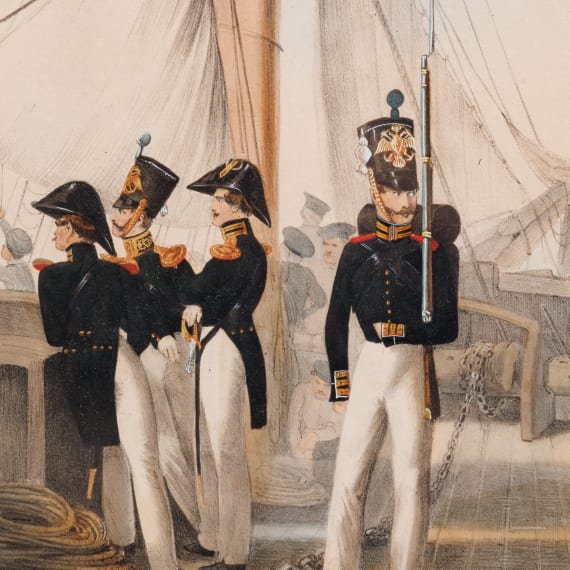 Russian Officers of the Marine de la Garde, a fine hand-colored lithograph, circa 1840