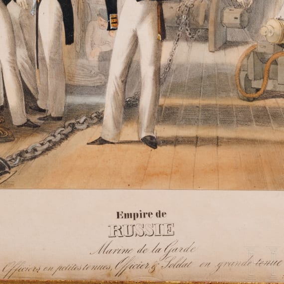 Russian Officers of the Marine de la Garde, a fine hand-colored lithograph, circa 1840