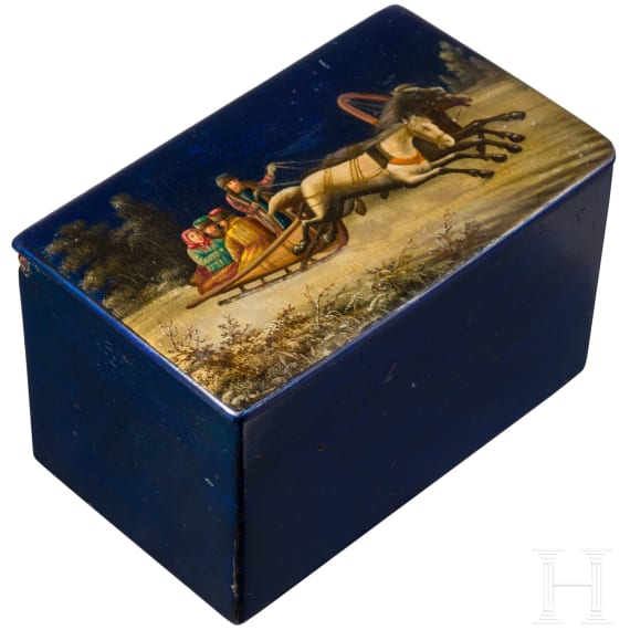 A Russian blue painted papier m&acirc;ch&eacute; and lacquer box with troika, probably Ostashkovo, Osip Vishyakov and Sons factory, late 19th century