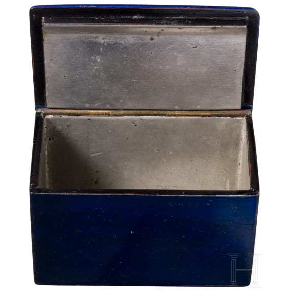 A Russian blue painted papier m&acirc;ch&eacute; and lacquer box with troika, probably Ostashkovo, Osip Vishyakov and Sons factory, late 19th century