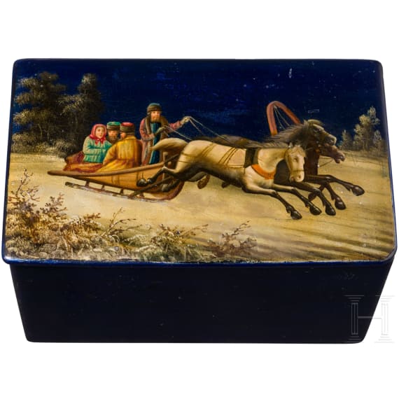 A Russian blue painted papier m&acirc;ch&eacute; and lacquer box with troika, probably Ostashkovo, Osip Vishyakov and Sons factory, late 19th century