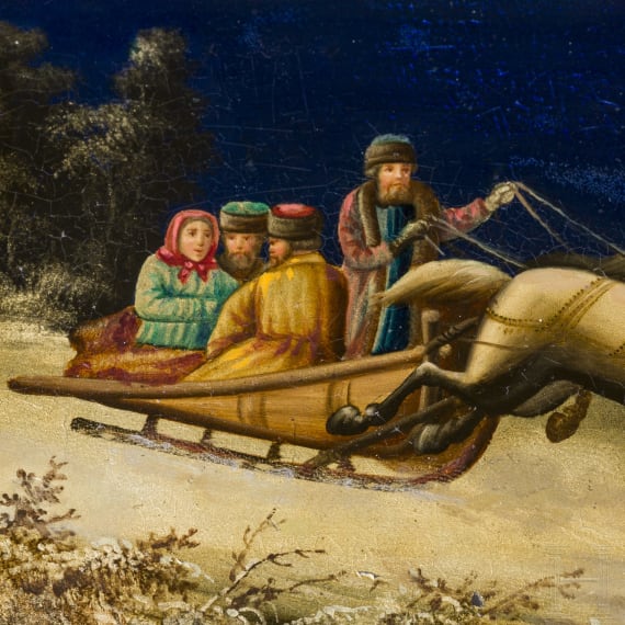 A Russian blue painted papier m&acirc;ch&eacute; and lacquer box with troika, probably Ostashkovo, Osip Vishyakov and Sons factory, late 19th century