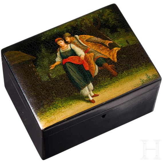 A Russian papier m&acirc;ch&eacute; and lacquer casket with couple, Ostashkovo, Osip Vishyakov and Sons factory, 1882 - 1888