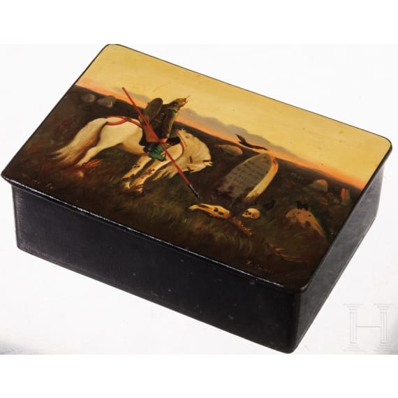 A Soviet papier m&acirc;ch&eacute; and lacquer box with boyar, circa 1930