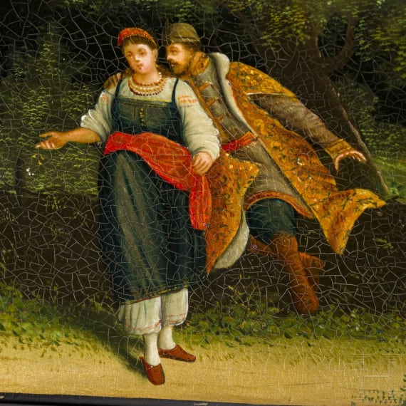 A Russian papier m&acirc;ch&eacute; and lacquer casket with couple, Ostashkovo, Osip Vishyakov and Sons factory, 1882 - 1888