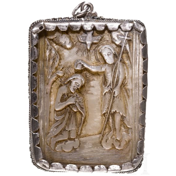 A silver-mounted mother-of-pearl carving showing the Baptism of Christ, late 19th century