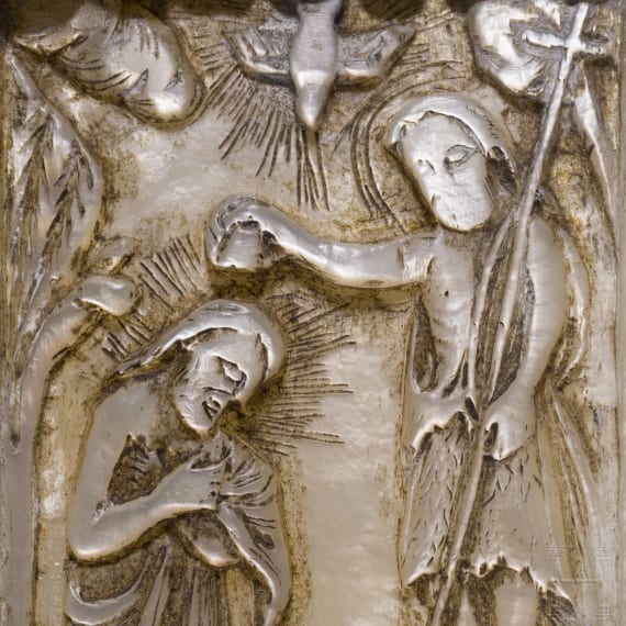 A silver-mounted mother-of-pearl carving showing the Baptism of Christ, late 19th century