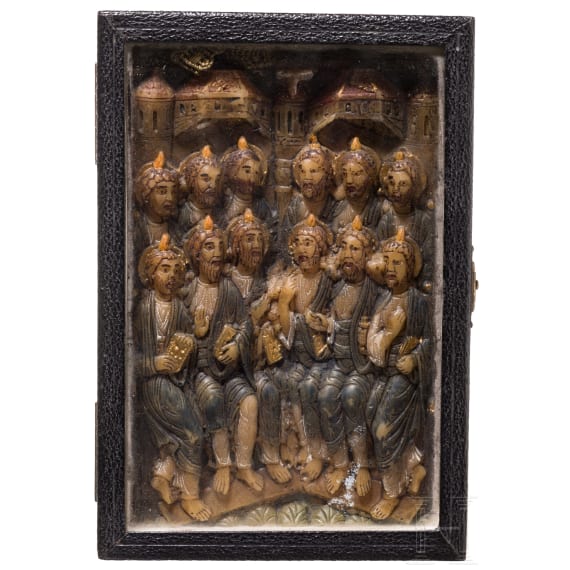 A carved wax icon showing the Twelve Apostles with case (Kiot), 20th century