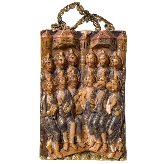 A carved wax icon showing the Twelve Apostles with case (Kiot), 20th century