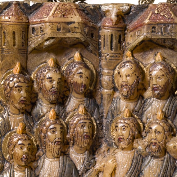 A carved wax icon showing the Twelve Apostles with case (Kiot), 20th century