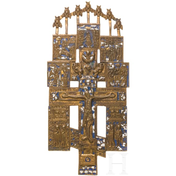 A large enamelled Russian bronze cross, 19th century