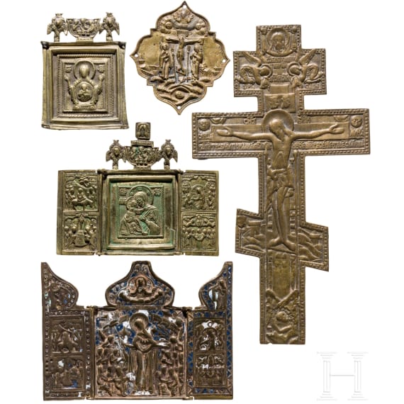 A Russian bronze icon, appliqu&eacute;, two triptychs and a crucifix, 18th/19th century