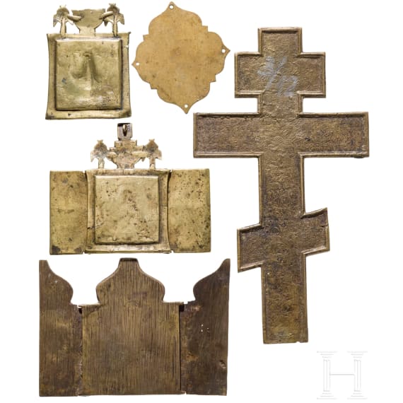 A Russian bronze icon, appliqu&eacute;, two triptychs and a crucifix, 18th/19th century