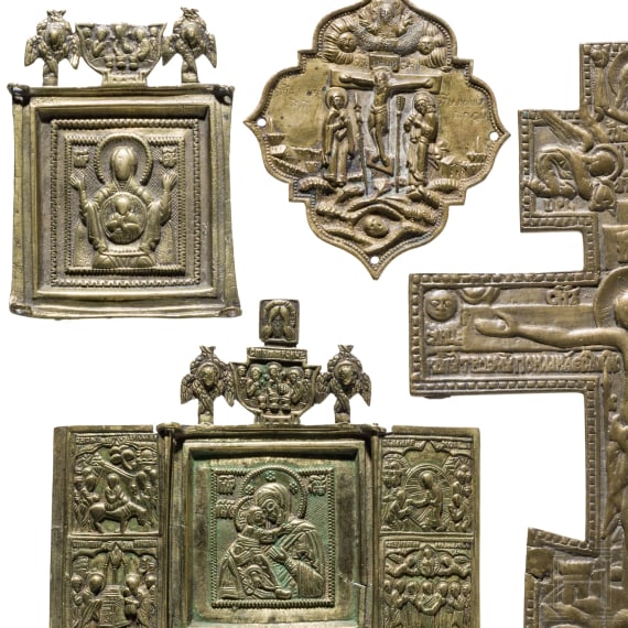 A Russian bronze icon, appliqu&eacute;, two triptychs and a crucifix, 18th/19th century