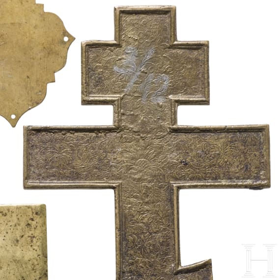 A Russian bronze icon, appliqu&eacute;, two triptychs and a crucifix, 18th/19th century