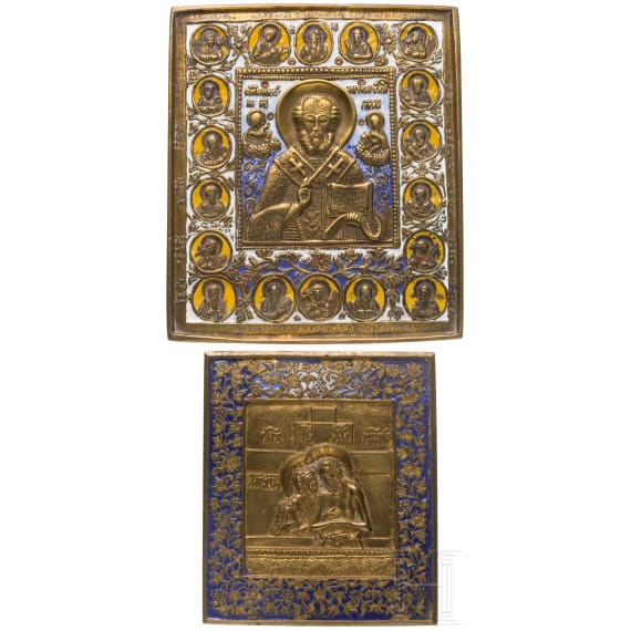 Two Russian enamelled bronze icons showing "Do not weep for me, Mother" and Saint Nicholas surrounded by prophets, 19th century