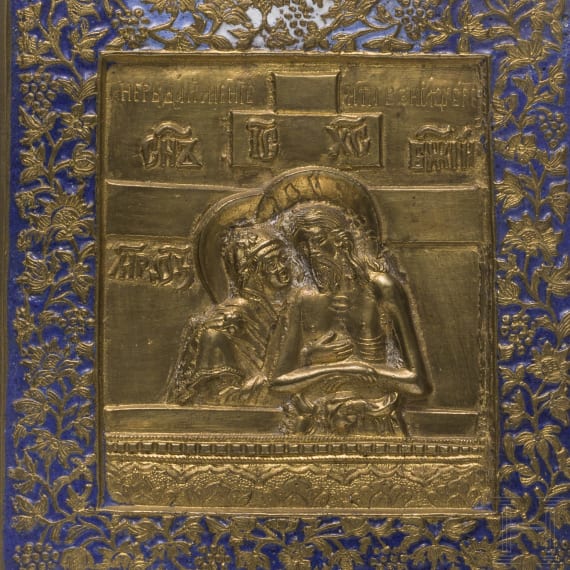 Two Russian enamelled bronze icons showing "Do not weep for me, Mother" and Saint Nicholas surrounded by prophets, 19th century