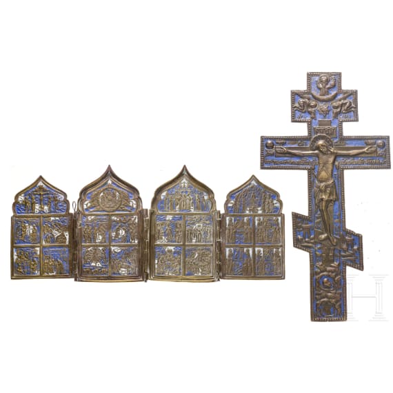 Two Russian bronze icons - a large cross and a tetraptych, 19th/20th century