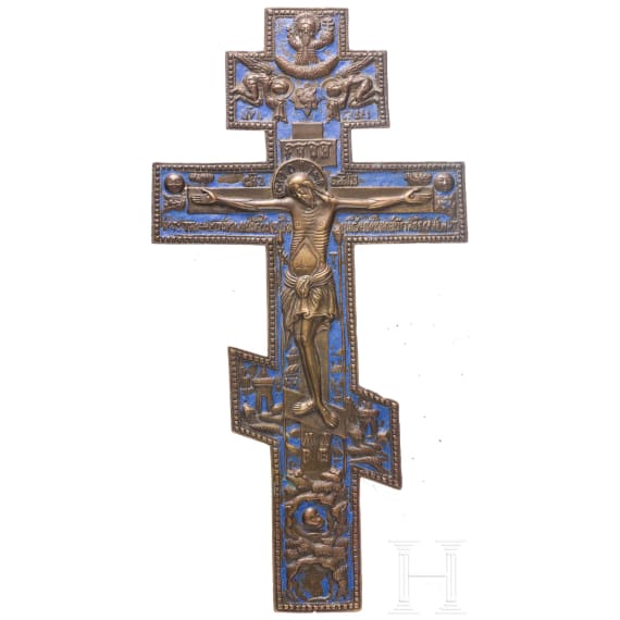 Two Russian bronze icons - a large cross and a tetraptych, 19th/20th century
