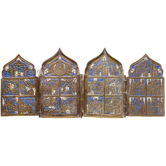Two Russian bronze icons - a large cross and a tetraptych, 19th/20th century