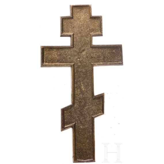 Two Russian bronze icons - a large cross and a tetraptych, 19th/20th century
