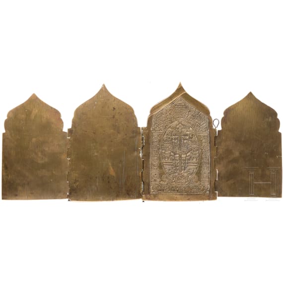 Two Russian bronze icons - a large cross and a tetraptych, 19th/20th century