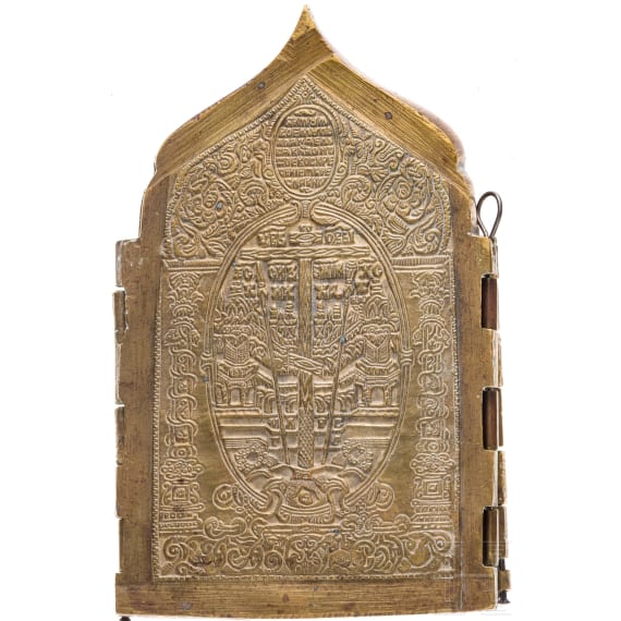 Two Russian bronze icons - a large cross and a tetraptych, 19th/20th century
