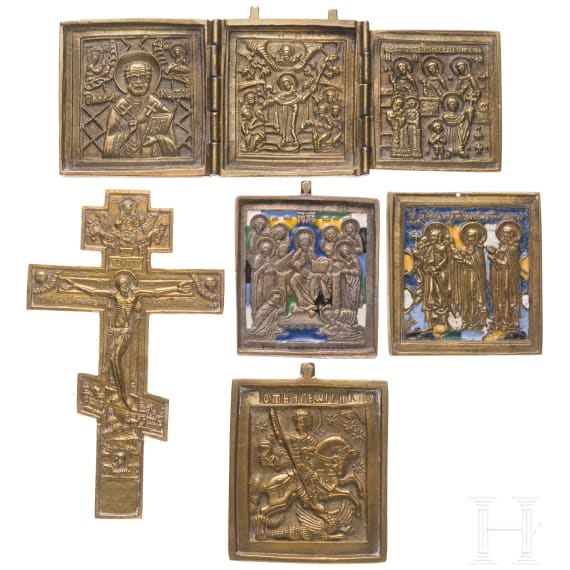 Five partially enamelled Russian bronze icons, 19th century