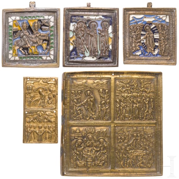 Five partially enamelled Russian bronze icons, 19th century
